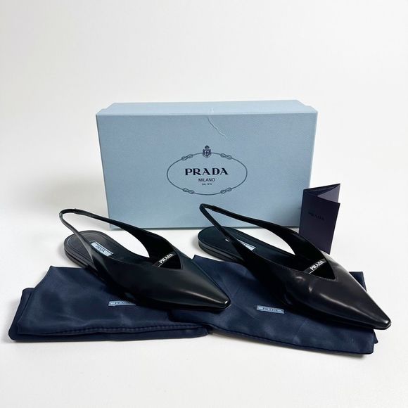 PRADA Black Slingback Ballet Flats 40 US 9.5 Point Toe Logo Flat Brushed Leather - Picture 2 of 15